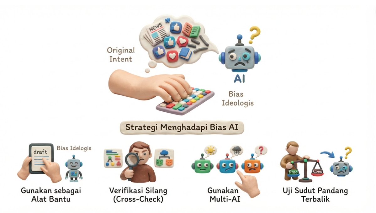 ethadisaputra's tweet photo. Keterbatasan bawaan AI dalam menangkap maksud asli (original intent) serta risiko adanya bias ideologis yang sengaja ditanamkan di era globalisasi menuntut kita untuk tetap waspada. AI bekerja berdasarkan pola statistik dari data pelatihan (kadang sengaja disusupkan untuk promosi agenda tertentu), bukan pemahaman mendalam atau kesadaran sejati.  

Strategi Menghadapi Bias AI

Gunakan sebagai Alat Bantu: Posisikan AI hanya sebagai penyusun draf atau pengumpul data awal, bukan penentu keputusan akhir. [5, 6, 7, 8]

Verifikasi Silang (Cross-Check): Selalu periksa fakta, data, dan klaim penting AI menggunakan sumber primer atau literatur ilmiah tepercaya.

Gunakan Multi-AI: Bandingkan jawaban dari beberapa model AI yang dibuat oleh perusahaan atau negara berbeda untuk melihat sudut pandang alternatif.

Uji Sudut Pandang Terbalik: Minta AI untuk menyajikan argumen dari sisi yang berlawanan untuk mendeteksi apakah sistem tersebut condong pada narasi tertentu.