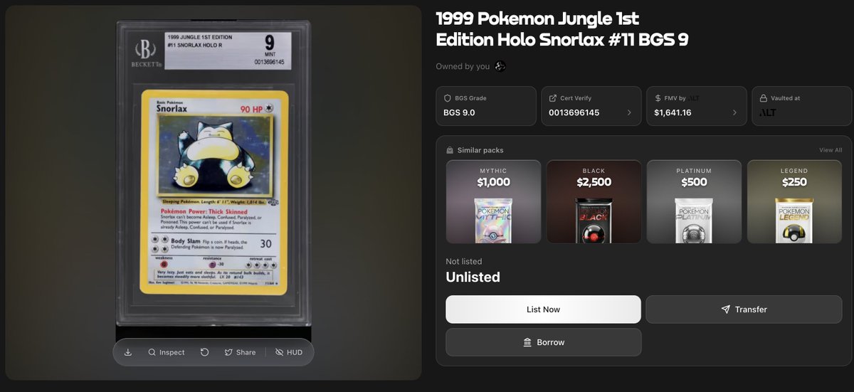 RelicMarkets's tweet photo. new acquisition vote opens in 5 minutes.

1999 pokémon jungle 1st edition holo snorlax #11, BGS 9
FMV ≈ $1,641 

holders decide if this one joins the vault. cert verifiable onchain, as always https://t.co/B1wJ2PWArb