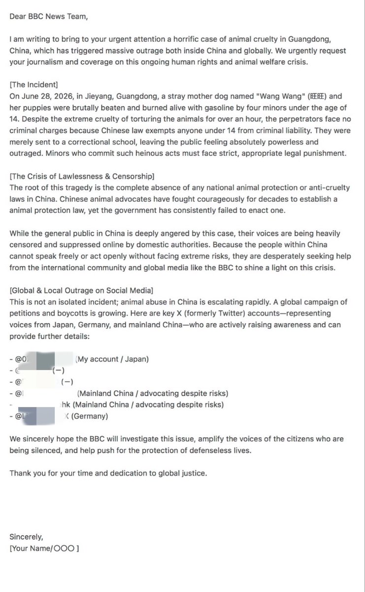 0715nyan_sub's tweet photo. 🚨Please RT🚨
Please send just 1 email to the BBC for mother dog #WangWang, who was brutally tortured and burned alive. Letters/postcards are also OK.
※See image for template. DM me to copy &amp; paste!     #JusticeForWangwang

BBC Email: haveyoursay@bbc.co.uk
 (↓↓In replies) https://t.co/0DEy8CHRK5