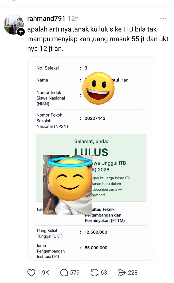 Hidupsebagai62's tweet photo. Izin ikut kasih perspektif ya Buk, semoga membantu menghitung-hitung.

RINCIAN ESTIMASI BIAYA TOTAL (4 TAHUN, FTTM ITB jalur SSU non-subsidi)

- IPI (sekali bayar di awal): Rp 55.000.000
- UKT: Rp 12.500.000 x 8 semester = Rp 100.000.000
- Biaya hidup di Bandung (kos, makan, transport) rata-rata Rp 2.000.000/bulan x 48 bulan = Rp 96.000.000
- Buku, alat praktikum, kerja praktik, tugas akhir, organisasi: kurang lebih Rp 10.000.000

Total kasar: sekitar Rp 260.000.000 sampai lulus. Ini di luar potensi kenaikan UKT per tahun ajaran atau biaya tak terduga.

PELUANG BEASISWA

Jalur SSU memang tanpa subsidi, tapi bukan berarti tertutup total dari bantuan. Beberapa opsi yang realistis dicoba:

- KIP Kuliah: tetap bisa didaftarkan meski masuk lewat SSU, asal memenuhi syarat ekonomi (DTKS, KKS, atau SKTM resmi). Kalau lolos, UKT dan IPI bisa ditanggung penuh oleh pemerintah.
- Beasiswa BUMN sektor tambang dan migas: Pertamina, MIND ID, Bukit Asam, Antam, PLN sering buka beasiswa dengan ikatan dinas untuk mahasiswa FTTM.
- Beasiswa swasta/yayasan: Karya Salemba Empat (KSE), Tanoto Foundation, Baznas, Bank Indonesia, biasanya dibuka mulai semester 2-3 setelah IPK dan riwayat akademik ada.
- Beasiswa alumni ITB (IA-ITB) dan beasiswa fakultas FTTM sendiri, biasanya untuk mahasiswa berprestasi atau kurang mampu yang sudah aktif kuliah.
- Perusahaan tambang/migas swasta juga kadang menawarkan beasiswa ikatan dinas langsung ke mahasiswa aktif, terutama semester 3 ke atas.

Strategi realistis dan mungkin sekali dilakukan :

bayar dulu tahun pertama semaksimal mungkin, sambil aktif apply beasiswa begitu masuk, karena beasiswa berjalan jauh lebih banyak pilihannya dibanding beasiswa masuk.

ESTIMASI RETURN / PAYOUT INVESTASI PENDIDIKAN

Berdasarkan data tracer study dan info gaji lulusan FTTM ITB saat ini:

- Gaji awal fresh graduate: sekitar Rp 10.000.000 - 12.000.000/bulan, plus bonus tahunan yang di sektor tambang/migas bisa mencapai Rp 20.000.000 lebih tergantung performa perusahaan.
- Dalam 5 tahun pertama karier, sektor tambang dan energi cenderung menawarkan kenaikan gaji bertahap tapi mulai dari basis yang sudah tinggi.
- Posisi senior atau spesialis di sektor ini bisa tembus Rp 50.000.000 - 85.000.000/bulan.

Kalau dihitung kasar, dengan gaji awal 10 juta/bulan dan pengeluaran hidup wajar, modal Rp 260 juta bisa "balik" dalam kurang lebih 3-5 tahun pertama kerja, belum termasuk bonus tahunan. Ini investasi jangka menengah, bukan jangka pendek, tapi historisnya sektor ini termasuk yang paling cepat balik modal dibanding jurusan lain di ITB.

3 SKENARIO TEMPAT KERJA SETELAH LULUS

1. Jalur BUMN (stabil dan aman)
Pertamina, MIND ID, Bukit Asam, Antam. Gaji awal menengah tapi stabil, jenjang karier jelas, sering ada ikatan dinas yang bisa membantu biaya kuliah semasa aktif.

2. Jalur swasta multinasional (gaji tertinggi, risiko lebih tinggi)
Chevron, Freeport, Adaro, Vale, atau perusahaan migas internasional lain. Gaji dan bonus jauh lebih besar, tapi biasanya harus siap ditempatkan di site/tambang terpencil dan income berfluktuasi mengikuti harga komoditas global.

3. Jalur alternatif (akademisi, konsultan, atau wirausaha)
Kalau pasar kerja sektor tambang sedang lesu, lulusan FTTM tetap punya opsi jadi dosen/peneliti, konsultan geoteknik/energi, atau membuka usaha jasa terkait pertambangan dan energi terbarukan yang makin dibutuhkan ke depan.

Kesimpulannya, angka Rp 55 juta dan Rp 12,5 juta itu memang berat di depan, tapi kalau dilihat sebagai investasi dengan potensi payback 3-5 tahun kerja, dan masih ada jalur beasiswa yang bisa dikejar setelah masuk, ini bukan jalan buntu.

Semoga rezekinya dimudahkan, karena selalu ada jalan