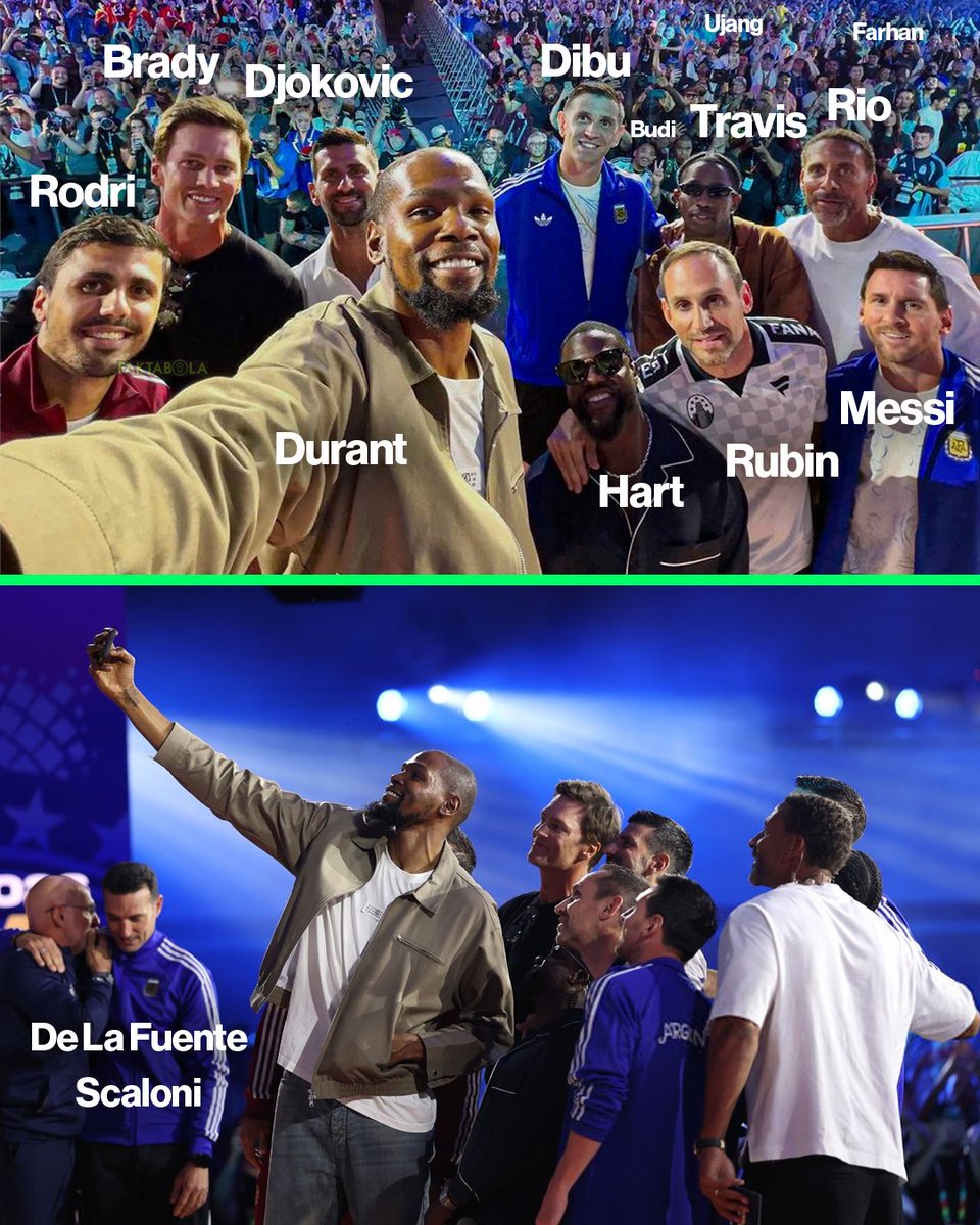 FaktaSepakbola's tweet photo. Selfie yang sangat ikonik di acara Fanatics jelang final. 📸

• Rodri (timnas Spanyol)
• Tom Brady (ex pemain American football)
• Novak Djokovic (petenis)
• Kevin Durant (pemain basket)
• Emiliano Martínez (timnas Argentina)
• Kevin Hart (komedian & aktor)
• Travis Scott (rapper & penyanyi)
• Rio Ferdinand (pundit & ex pesepakbola)
• Lionel Messi (timnas Argentina)
• Michael Rubin (CEO Fanatics)
• Luis de la Fuente (pelatih timnas Spanyol)
• Lionel Scaloni (pelatih timnas Argentina)