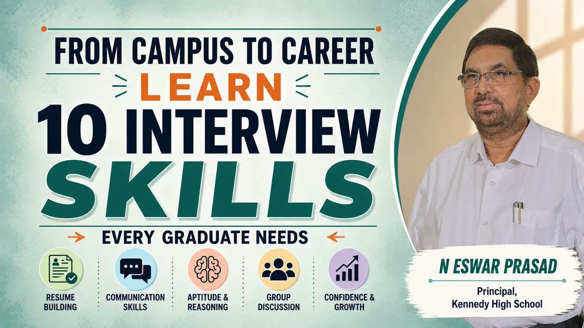 eswarnadipalli1's tweet photo. Are you a student or recent graduate preparing for job interviews?
we share 10 essential interview skills every graduate must master:
Watch now: https://t.co/eqlR3rgzvz
#interviewskills #graduatejobs #communicationskills #jobpreparation #careerguidance
#kennedycampus https://t.co/3WZtG6xfZV