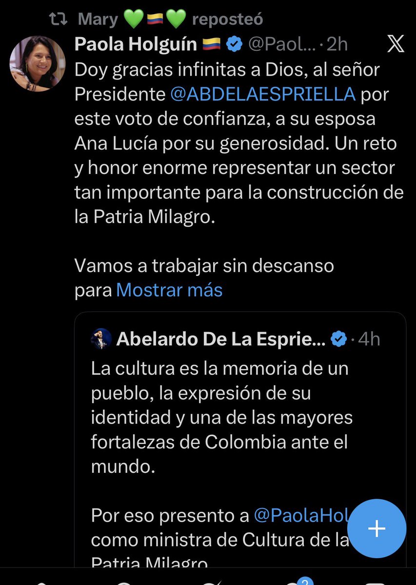 CorpoRosaBlanca's tweet photo. Excelente designación de la Dra Paola Holguín como Ministra de la Cultura. Por fin la cultura tendrá una verdadera Gerente que impulsará toda la gugosa y enriquecida diversidad cultural de nuestro pueblo. Felicitaciones y éxitos Ministra @PaolaHolguin @ABDELAESPRIELLA https://t.co/1hm6Q3FYr9