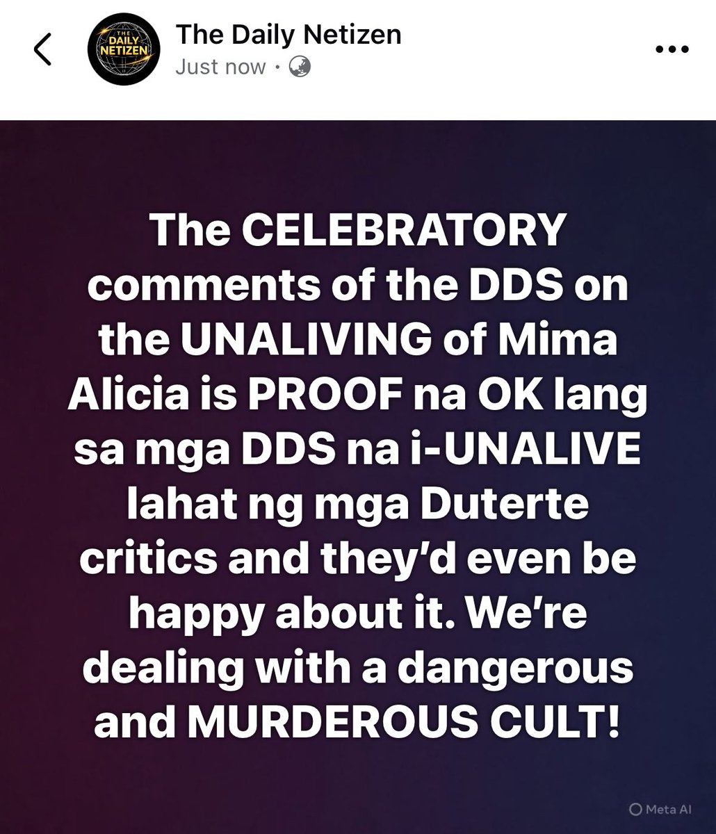 dailynetizen24's tweet photo. The CELEBRATORY comments of the DDS on the UNALIVING of Mima Alicia is PROOF na OK lang sa mga DDS na i-UNALIVE lahat ng mga Duterte critics and they’d even be happy about it. We’re dealing with a dangerous and MURDEROUS CULT! https://t.co/343T4lA0nb