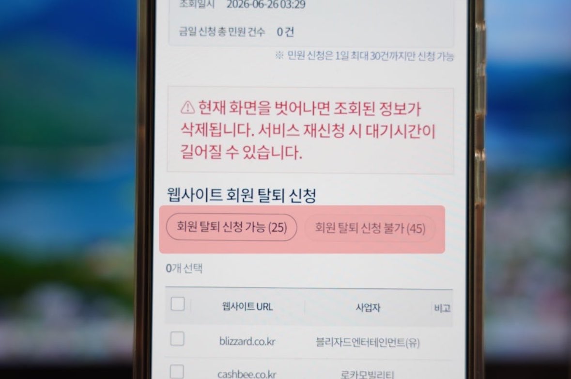 1seyke's tweet photo. 요즘 같이 개인정보 싸게 유출되는 시기에
안 쓰는 사이트들 한번에 탈퇴하는 사이트 쓰고 가세요

로그인 하고 본인인증하면 회원가입한 사이트들 쭈욱 보여줌 
골라서 체크하고 바로 탈퇴 가능함

https://t.co/FFhbvsQtEp https://t.co/5DUlxZLb0D