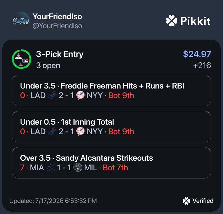 YourFriendIso's tweet photo. We are cooking 🧑‍🍳 

All picks are free to join our Discord server 
https://t.co/Qdz9dW8BLl

Freddie Freeman under 3.5 HRR ✅ 
Yankees Vs Dodgers under 0.5 NRFI  ✅ 
Sandy Alcántara Over 3.5 Ks ✅ 

#PrizePicks | #PrizePicksMLB| #GamblingTwitter #MLB #PropBets | https://t.co/SJiGJRjGSa