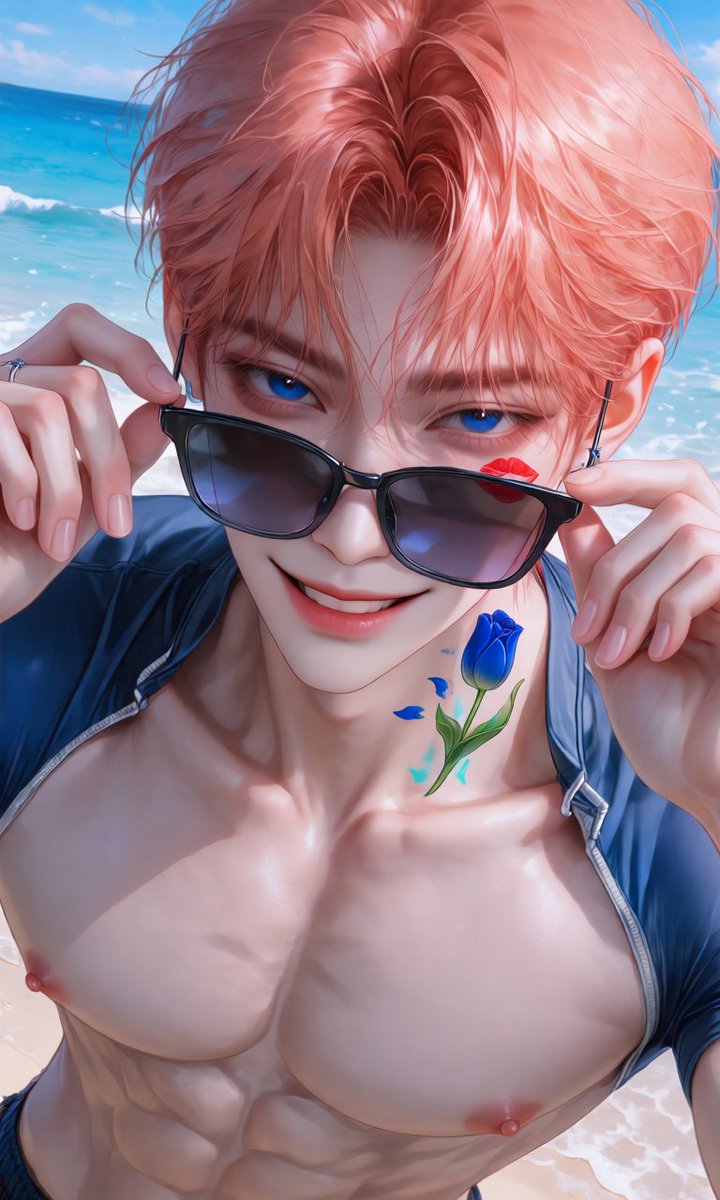GLVvkH7Qo8c2mk8's tweet photo. [프롬공유 : 오- 좋은데ㅋㅋ]
자작 발언 X, 사용시 출처 남겨주세요. 수정자유.

[beach,
seaside,
sandy beach,
clear blue ocean,
gentle waves,
bright sunlight,
blue sky,
warm summer day,
sea breeze,
wearing sunglasses properly,
sunglasses fully covering the eyes,
both hands raised to the sunglasses,
fingertips resting lightly on both sides of the sunglasses frame,
thumb and index finger gently pinching the frame,
both hands touching both sides of the sunglasses frame,
slightly lowering the sunglasses,
pulling the sunglasses down just enough to peek over the top edge,
eyes visible above the lowered sunglasses,
looking over the sunglasses,
confident expression,
cool pose,
natural mid-motion,
defined upper chest,
well-defined pectoral muscles,
lean muscular physique,
athletic build,
firm muscles,
healthy skin,
subtle skin sheen,
soft glossy skin under lighting,
The naked, pink nipples,
wearing a fitted short-sleeve rash guard,
wearing athletic swim shorts,
upper body only,
waist-up shot,
upper body portrait,
portrait composition,
close-up,
centered composition,
character focus,]