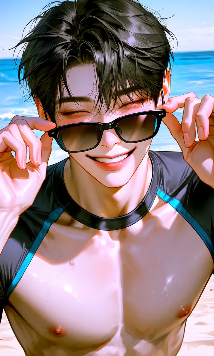 GLVvkH7Qo8c2mk8's tweet photo. [프롬공유 : 오- 좋은데ㅋㅋ]
자작 발언 X, 사용시 출처 남겨주세요. 수정자유.

[beach,
seaside,
sandy beach,
clear blue ocean,
gentle waves,
bright sunlight,
blue sky,
warm summer day,
sea breeze,
wearing sunglasses properly,
sunglasses fully covering the eyes,
both hands raised to the sunglasses,
fingertips resting lightly on both sides of the sunglasses frame,
thumb and index finger gently pinching the frame,
both hands touching both sides of the sunglasses frame,
slightly lowering the sunglasses,
pulling the sunglasses down just enough to peek over the top edge,
eyes visible above the lowered sunglasses,
looking over the sunglasses,
confident expression,
cool pose,
natural mid-motion,
defined upper chest,
well-defined pectoral muscles,
lean muscular physique,
athletic build,
firm muscles,
healthy skin,
subtle skin sheen,
soft glossy skin under lighting,
The naked, pink nipples,
wearing a fitted short-sleeve rash guard,
wearing athletic swim shorts,
upper body only,
waist-up shot,
upper body portrait,
portrait composition,
close-up,
centered composition,
character focus,]