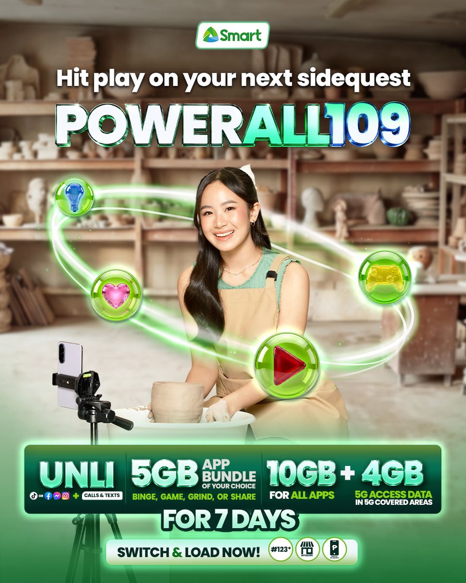 LiveSmart's tweet photo. Unlock new skills and explore your next sidequest with Power All 109! 💚

Choose the BINGE bundle and dive into tutorials, videos, and contentwith 5GB app access to YouTube, Viu, and more! Plus UNLI access to TikTok or Facebook, UNLI Calls and Texts, 10GB data for all apps, and 4GB of 5G access in 5G-covered areas for 7 days📱

#PowerYourSidequest #SmartPowerAll