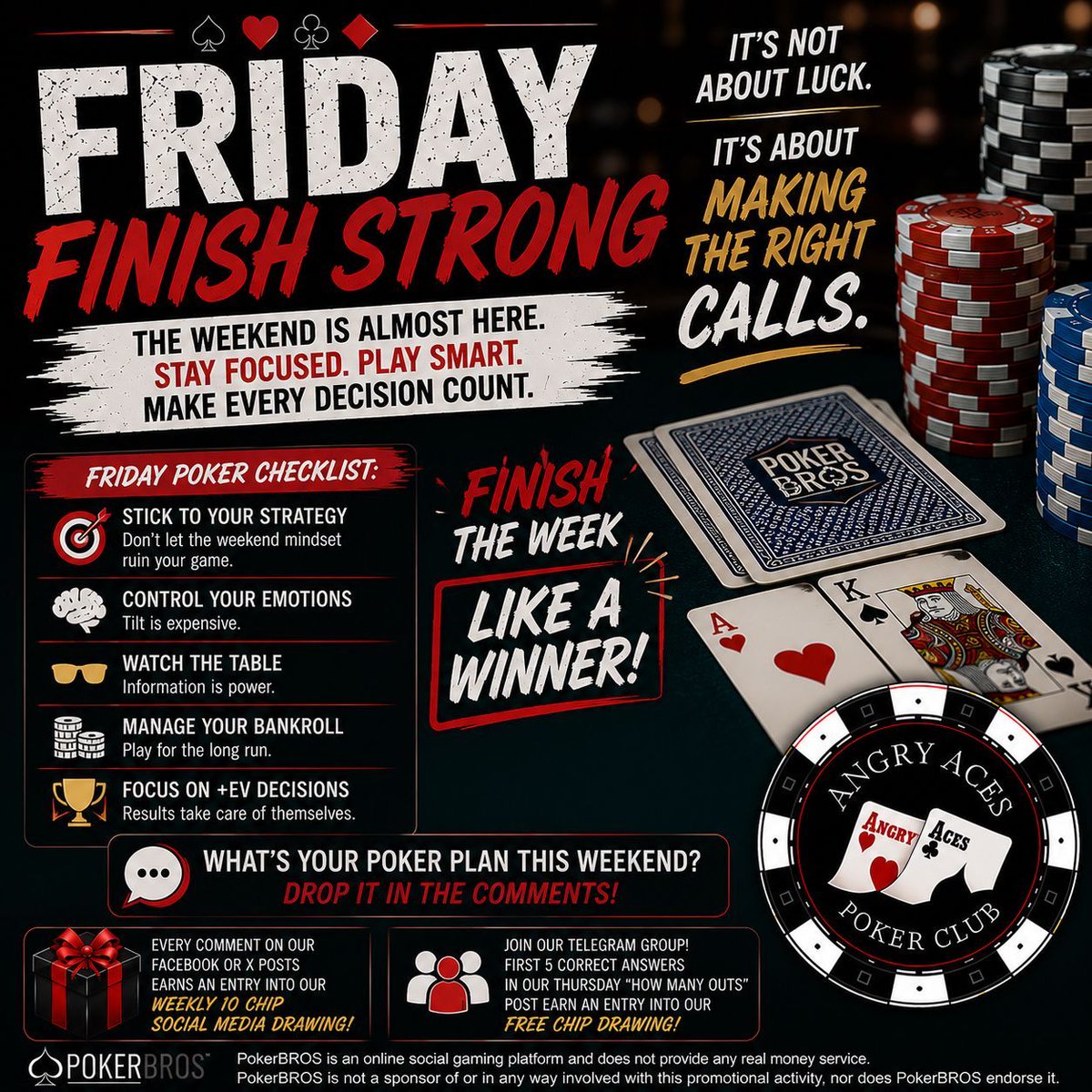 AngryAcesPoker's tweet photo. ♠️ FRIDAY – FINISH STRONG ♠️

Stay patient. Stick to your strategy. Make good decisions.

What's your poker plan this weekend?

#PokerBros #Poker #FridayMotivation https://t.co/6gSAHz68Df