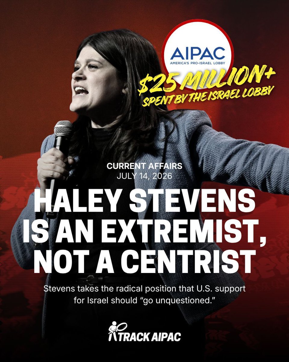 TrackAIPAC's tweet photo. Current Affairs: Haley Stevens Is an Extremist, Not a Centrist

"Stevens takes the radical position that U.S. support for Israel should “go unquestioned.” If never questioning support for a genocidal state is “moderate,” then our definition of “moderate” needs to change." https://t.co/NC1Q3kmgYk