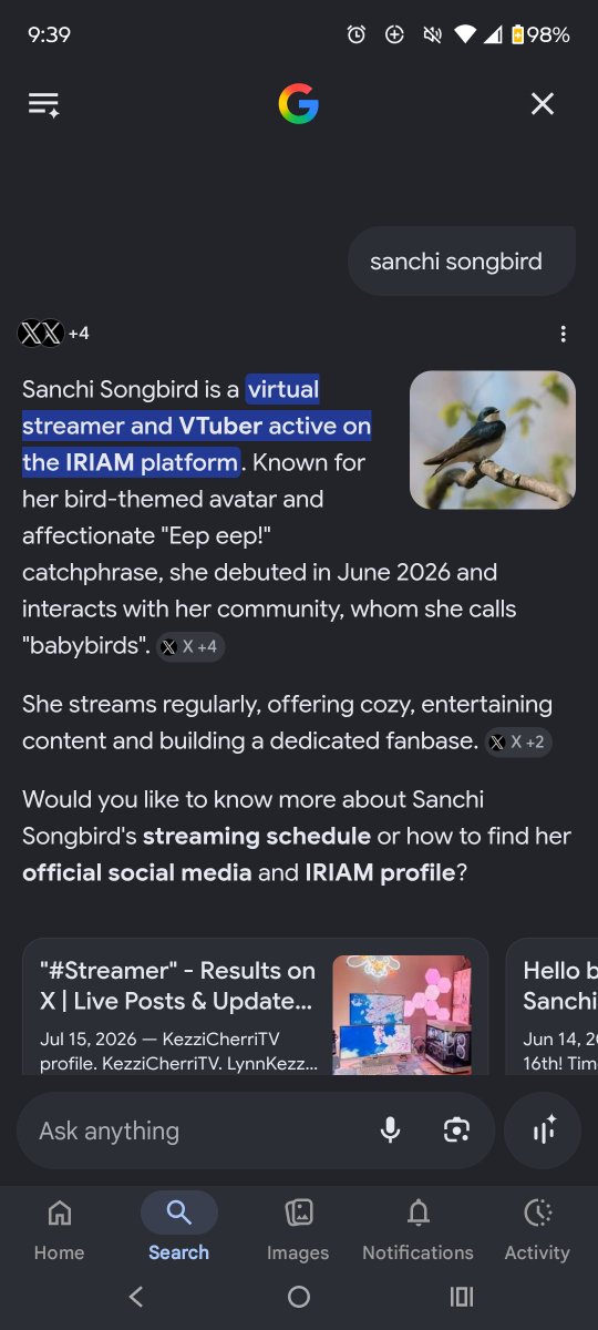 Sanchi_Songbird's tweet photo. Not google AI misgendering this songbird. 😭 I'm Non-Binary!! I use They/Them pronouns! ahhhh! I wanted to see if google knew me and it gave me this... 🎶💙🕊️ #IRIAM_US 

#IRIAM #Streamer #VTuber #SongbirdSanchi #IRIAMEAS #IRIAMUS #Songbird #Babybirds #Sad #BadAI 👀✨ https://t.co/B2V6KeFN7F
