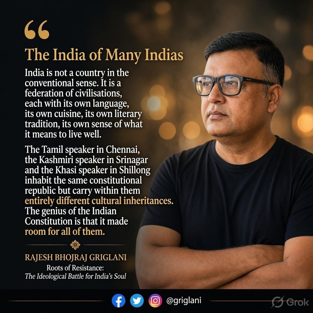 griglani's tweet photo. India is not a country in the conventional sense. It is a federation of civilisations.
The Tamil speaker in Chennai, the Kashmiri speaker in Srinagar, and the Khasi speaker in Shillong carry entirely different cultural inheritances — yet they share the same constitutional republic.
The genius of the Indian Constitution is that it made room for all of them.
This is the India I believe in, and the India I have tried to write about in Roots of Resistance: The Ideological Battle for India’s Soul.
#RootsOfResistance #IndiaOfManyIndias #ConstitutionalGenius #Diversity #UnityInDiversity #Secularism #LongGame 
@RahulGandhi @PriyankaGandhi @kharge @INCIndia @kcvenugopalmp @Jairam_Ramesh @gurdeepsappal @girishgoaINC @MukulWasnik @AlankarSawai @vidyarthee @LambaAlka @VTankha @Pawankhera @SupriyaShrinate @JitendraSAlwar @PChidambaram_IN  @pravchak @shaktisinhgohil @LaljiDesaiG @AmitChavdaINC 
@AdvRajendraPal @KRajuINC @Dr_Uditraj @kanhaiyakumar @DrJaihind @PriyankKharge @Kumari_Selja
@ShayarImran @RajaBrar_INC  @bhupeshbaghel