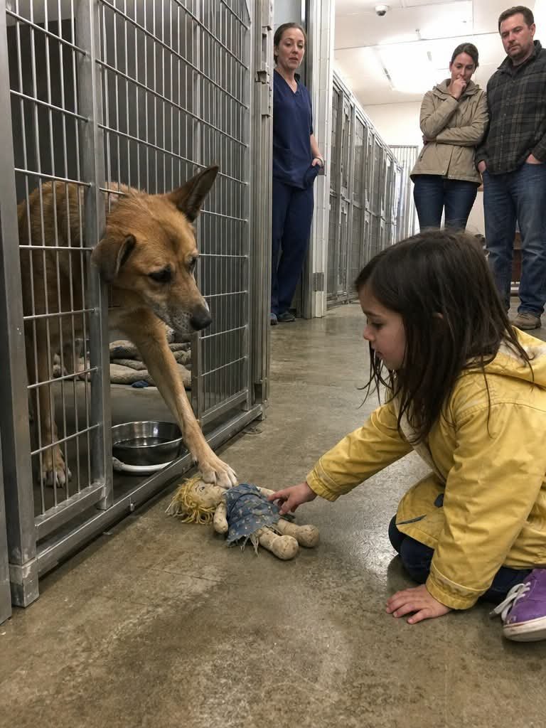 Mr_Husky1's tweet photo. A six-year-old girl stopped before the kennel of a dog who had guarded one torn doll for two years—and when he pushed it through the bars, she found her own name hidden beneath its stained dress.

I had worked at Cumberland County Animal Center for nine years.

I had seen dogs carry blankets, tennis balls, food bowls, shoes, and pieces of cardboard into their beds. Familiar objects helped frightened animals settle inside a building filled with barking, metal doors, disinfectant, and strangers.

Jasper was different.

We called him Jasper because he arrived without identification. He was a Golden Retriever–Shepherd mix with a narrow frame, a faded red-gold coat, one darker ear, and a crescent-shaped scar above his right front paw.

The doll arrived with him.

It was about twelve inches long, with yellow yarn hair, a soft cloth face, and a blue dress torn along one side. Mud had darkened its hands. One eye was missing. The stuffing inside its left leg had flattened into a hard knot.

Jasper held the doll in his mouth when a highway worker found him beneath an overpass.

He still held it when animal control brought him to us.

For two years, he refused to release it.

He did not play with the doll. He never shook it, chewed it, or tore away the remaining fabric. He carried it from his bed to his water bowl and back again.

When he slept, he placed it beneath his chin.

When he ate, he pushed it between his front paws.

If anyone reached toward it, Jasper lowered his head and gave one quiet warning growl.

We never punished him. Resource guarding often grows from fear, and forcibly removing the only object he trusted would have made that fear worse.

Instead, we worked around the doll.

During medical examinations, we allowed Jasper to carry it. When the cloth became soaked, we dried it through the kennel bars while he kept part of it beneath one paw.

We never saw the doll’s entire back.

Jasper also refused every potential adopter.

He did not lunge or bark. He turned toward the wall. Families saw a thin dog facing concrete with a ruined toy beneath his chin and moved to the next kennel.

Seven hundred and thirty days passed.

Then the Harrison family arrived on a rainy Saturday in March.

Claire and Aaron Harrison wanted an older dog who could live calmly with their six-year-old daughter. The child’s name was Mia. She walked quietly through the kennel wing, keeping both hands inside the pockets of her yellow raincoat.

Jasper faced the wall when the family approached.

Then Mia said, “He has Rosie.”

Jasper’s darker ear lifted.

He turned.

For the first time in two years, the doll slipped from his mouth.

The shelter became quiet inside my head, though thirty dogs were still barking.

Jasper stood so quickly that his rear paws slid across the kennel floor. He carried the doll to the bars, lowered it, and pushed it toward Mia with his nose.

Mia crouched.

“Wait,” Claire said.

Jasper did not growl.

He moved backward and sat.

Mia picked up the doll. She turned it over, searching for the torn ribbon that had once been attached to the dress.

Then she stopped.

Beneath two years of dirt and folded fabric, four faded letters had been stitched into the back panel.

M-I-A.

Claire gripped the kennel railing.

Aaron stared at Jasper’s scar.

Two years earlier, during a tornado warning outside Nashville, their dog had disappeared through a damaged fence. Mia’s favorite doll vanished from her bedroom that same night.

They had searched for both.

But the dog in their family photographs had been heavier, younger, and covered in clean golden fur. Mia had been four. She did not recognize the thin animal standing behind the bars.

Jasper recognized her.

Mia pressed one hand against the kennel.

The dog placed his paw over the same spot.

Then Aaron whispered a name we had never heard.

“Cooper?”

Jasper’s entire body moved.

Not only his tail.

Everything.