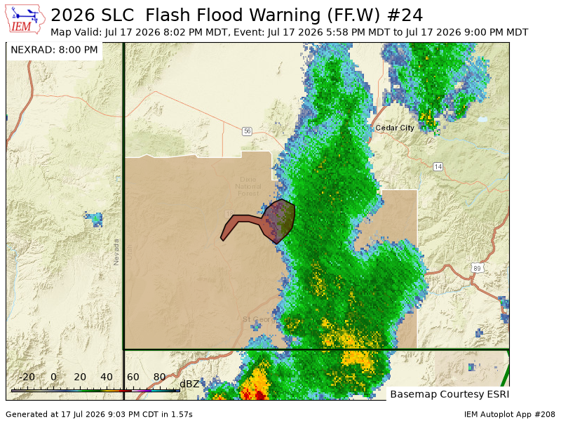 AutomaticWX's tweet photo. SLC continues Flash Flood Warning [flash flood: radar indicated, flash flood damage threat: considerable] for Washington [UT] till 9:00 PM MDT https://t.co/DVgRo3QF1s https://t.co/8khtqqZOzz