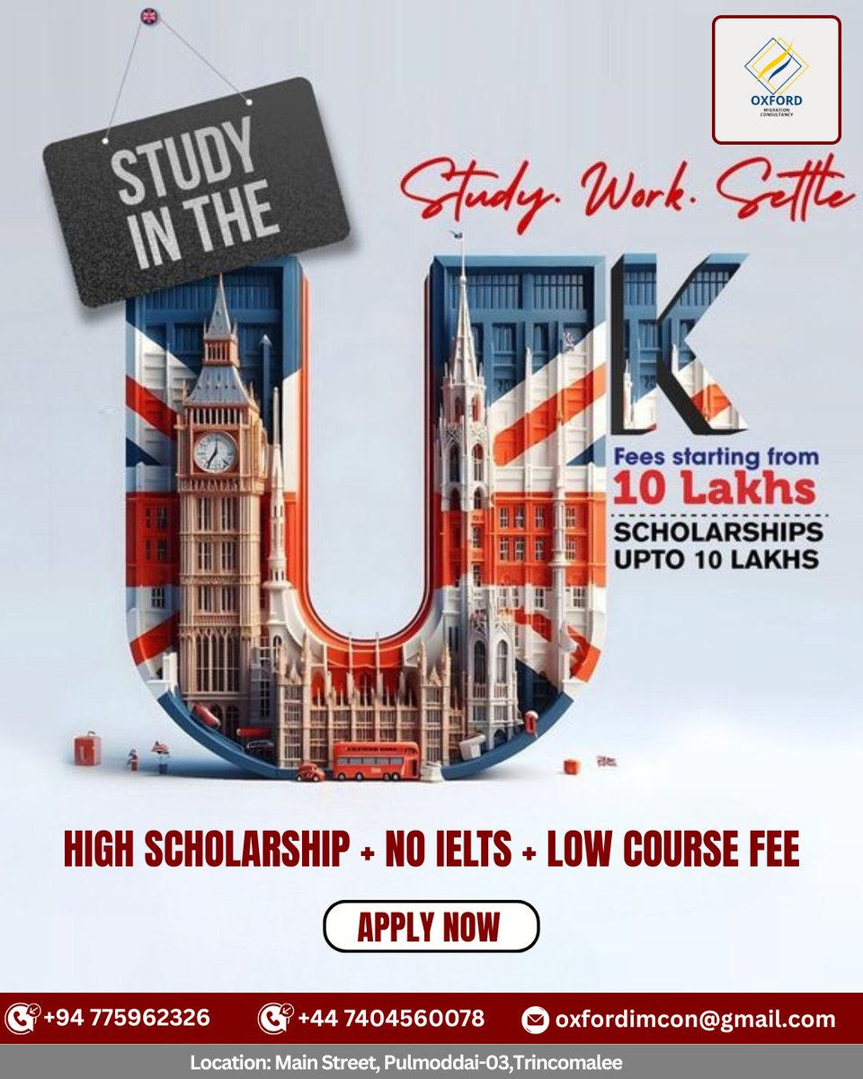 omcpvtltd's tweet photo. 🎓 Study in the UK!🇬🇧
படிப்பு, வேலை, குடியேற்றம் என அனைத்திற்கும் ஒரே வழி!

🚫 No IELTS | 📉 Low Course Fee | 💰 High Scholarship

📞+9471768 6789 | +9477 596 2326 | +44 7404 560078
📧𝙤𝙭𝙛𝙤𝙧𝙙𝙞𝙢𝙘𝙤𝙣@𝙜𝙢𝙖𝙞𝙡.𝙘𝙤𝙢
📍𝙈𝙖𝙞𝙣 𝙨𝙩𝙧𝙚𝙚𝙩 , 𝙋𝙪𝙡𝙢𝙤𝙙𝙙𝙖𝙞-03,50567 https://t.co/0PLJ36vrq9