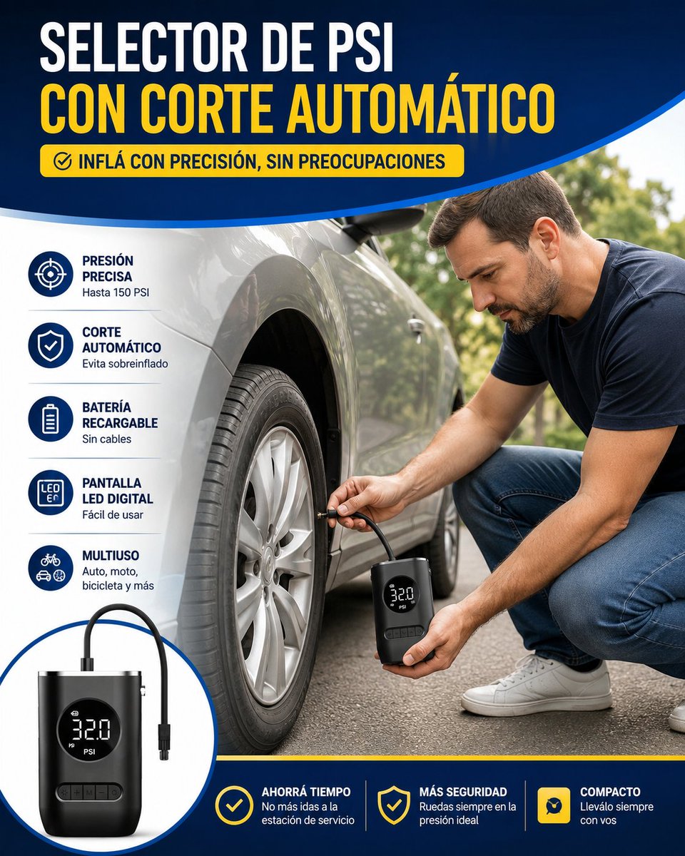 OfertasQueValen's tweet photo. 🚨INFLADOR PORTATIL INALAMBRICO INTELIGENTE con 40% OFF
Antes: $54.999,0
Ahora: 32.999,4
Lo llevás en el auto o en la moto, la bici. Inflá las pelotas de los chicos.

Este inflador inalámbrico es compacto, recargable y permite elegir la presión desde su pantalla digital.