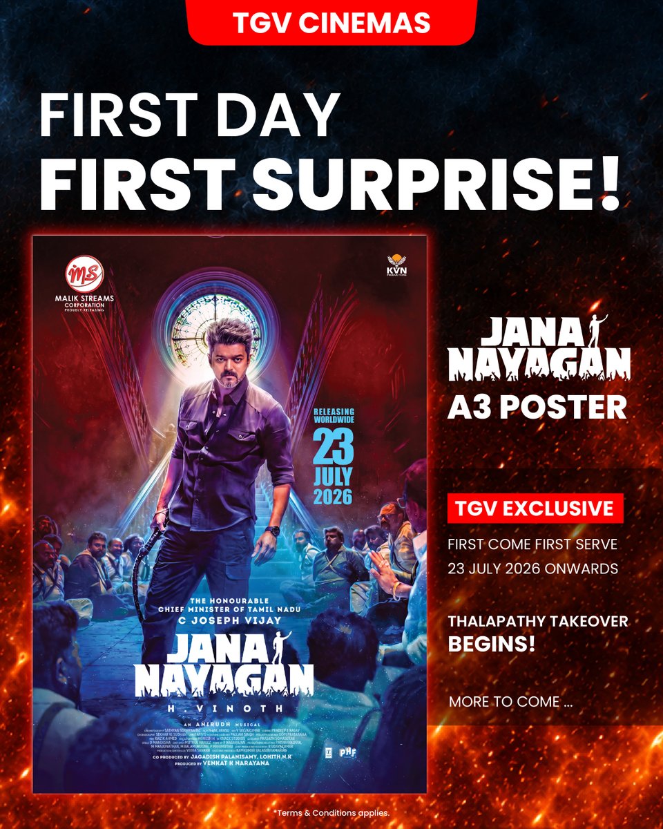 TGVCinemas's tweet photo. BECAUSE WE LOVE OUR THALAPATHY FANS! 🔥😍 HERE'S OUR SURPRISE FOR YOU! 

With every 1x ticket to Jana Nayagan, get an exclusive A3 Jana Nayagan poster 😎 

FROM 23 JULY! Get your tickets here 🎟️ https://t.co/l6JSh4Xf2s

Terms and Conditions apply. First come First Serve! https://t.co/jzl57JglIA