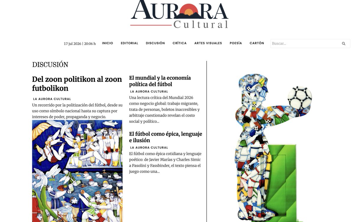CulturaAurora's tweet photo. En edición de este fin de semana:

El otro mundial
@alunaf_89 : los costos sociales del Mundial 
@JJSanchezB: el mundial y los intereses extracancha
@alex_villasenor: literatura, cine y fútbol

Además: poemas de @RodrigoCirigo, crítica, arte de  Noé Katz y cartón de @MoneroPat. https://t.co/wSTYuPPXCf
