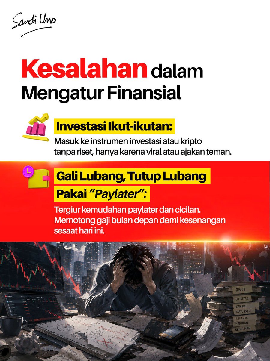 sandiuno's tweet photo. Gak ada yang langsung ahli dalam mengatur keuangan. Kondisi finansial yang sehat bukan cuma soal mencari penghasilan lebih besar, tapi mengelola uang dengan lebih bijak.

Tantangannya justru dari kebiasaan-kebiasaan kecil yang kita anggap sepele. Kalau menurut kalian dari kesalahan di atas, mana yang paling sering membuat kondisi keuangan seseorang sulit berkembang?