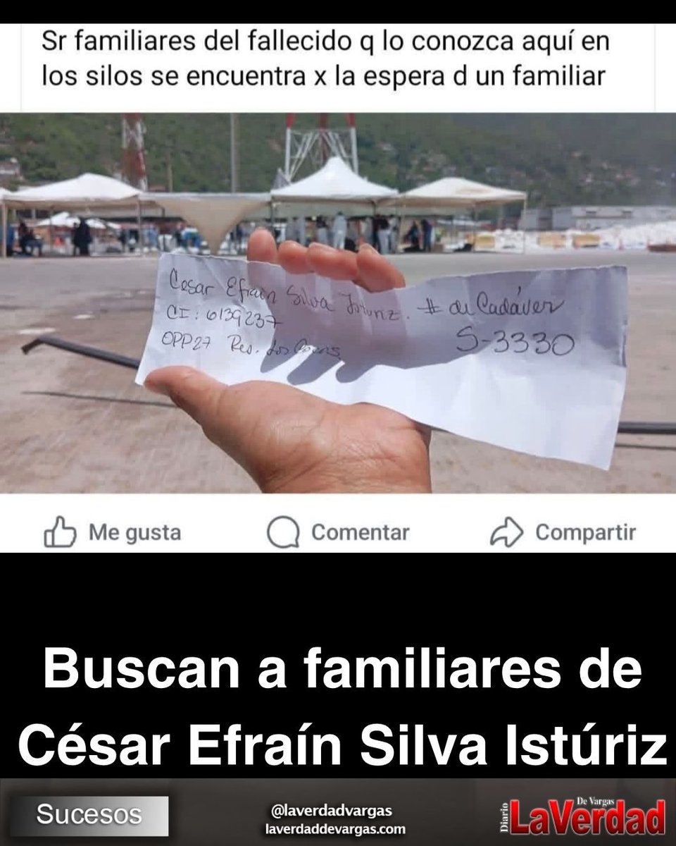 LaVerdadVargas's tweet photo. #17Jul | En los espacios del Senamecf en Los Silos, se espera por los familiares de César Efraín Silva Istúriz quien fue encontrado en la OPP 27, en residencias Los Cocos. #ServicioPúblico https://t.co/ZFgun3Y4pJ