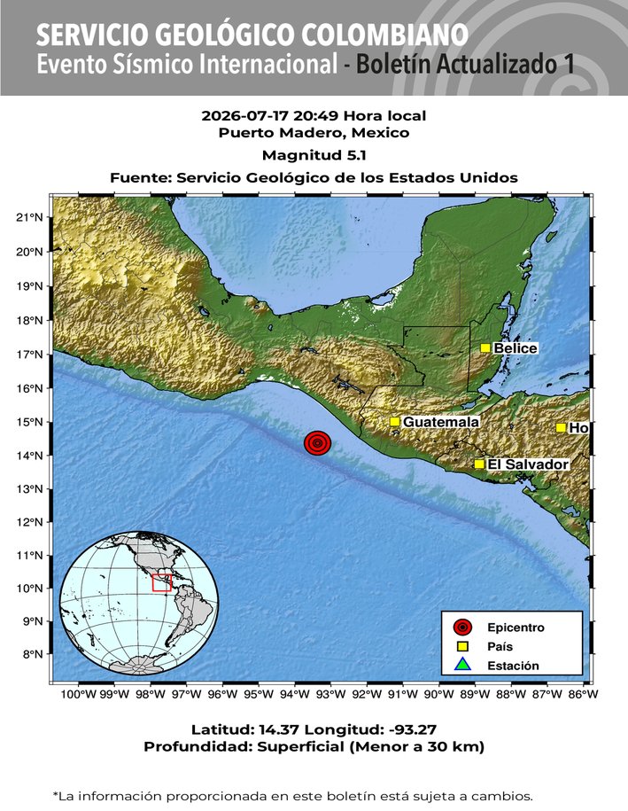sgcol's tweet photo. #SismosColombiaSGC Evento Sísmico Internacional - Boletín Actualizado 1, 2026-07-17, 20:49 hora local. Magnitud 5.1, Profundidad superficial, Puerto Madero, Mexico #NoticiaEnDesarrollo #Temblor #Sismo Más información: https://t.co/63pt8nVsSe https://t.co/g8zc6k0nP7