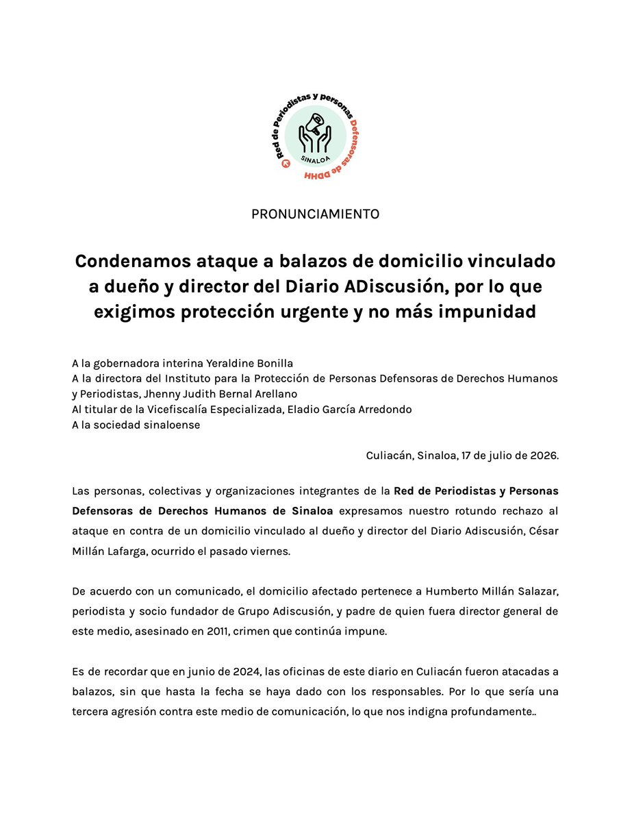 Redseguimiento's tweet photo. ⭕️ #Pronunciamiento 📢
Desde la Red de Periodistas y Personas Defensoras de #DDHH externamos nuestra preocupación ante los ataques en contra de la #LibertadDeExpresión en Sinaloa. Expresamos nuestra solidaridad al gremio periodístico en estos difíciles momentos. https://t.co/P50B8Ey16z