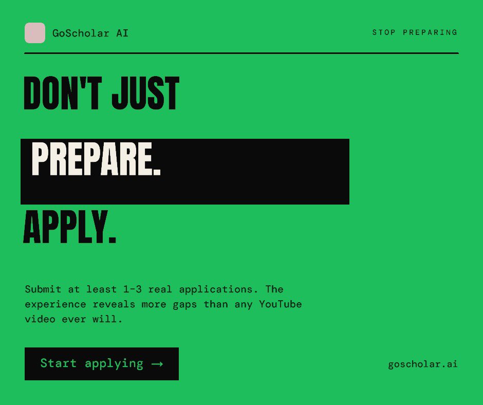 GoscholarAI's tweet photo. Don’t just prepare. PREPARE. APPLY.

One application can change your life. Start today.

https://t.co/X6p4s9Ek8v

#GoScholarAI #StudyAbroad #Scholarships #ApplyToday #StudyAbroadJ https://t.co/Q56nVTCYzP