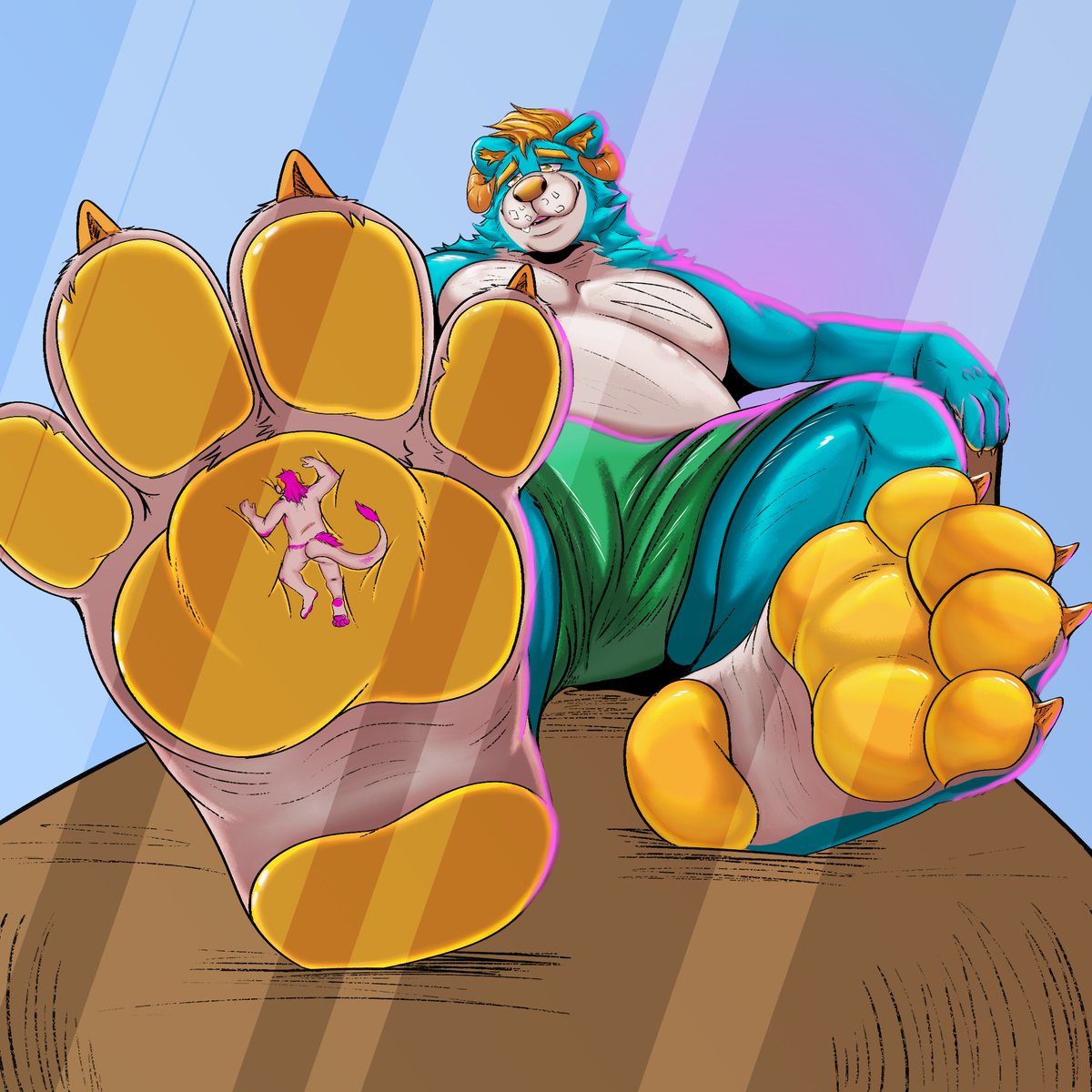 SammyBigBear's tweet photo. *I lounge around and casually squash and smother you against my big bare feet like it was natural* Grrrrr~ This is your place in life, beneath my feet 👣 Now, bug, thank your master for this honor 😏

🎨 by @Hos0404 https://t.co/DH0bE35hwf