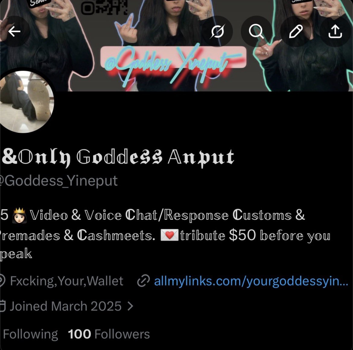 Goddess_Yineput's tweet photo. 100 followers 

$10/$100/$1000 get to sending 

https://t.co/DIZxhh9hA2

Tribute $50 for a response and to start an order or session. 

Face reveal or have you sent enough to see me? Check the Telegram for more. https://t.co/JvVLg9Tlqt