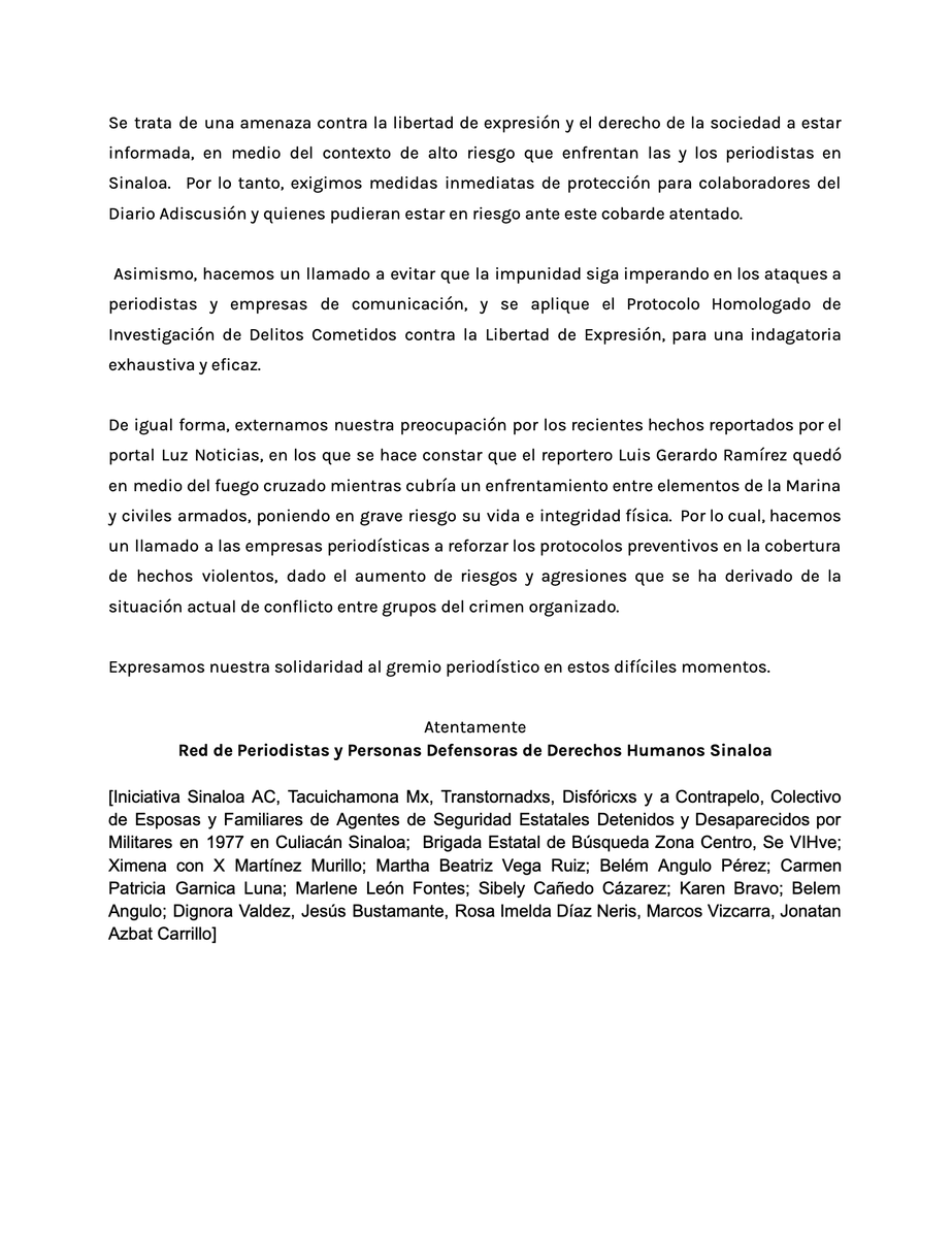 Redseguimiento's tweet photo. ⭕️ #Pronunciamiento 📢
Desde la Red de Periodistas y Personas Defensoras de #DDHH externamos nuestra preocupación ante los ataques en contra de la #LibertadDeExpresión en Sinaloa. Expresamos nuestra solidaridad al gremio periodístico en estos difíciles momentos. https://t.co/P50B8Ey16z