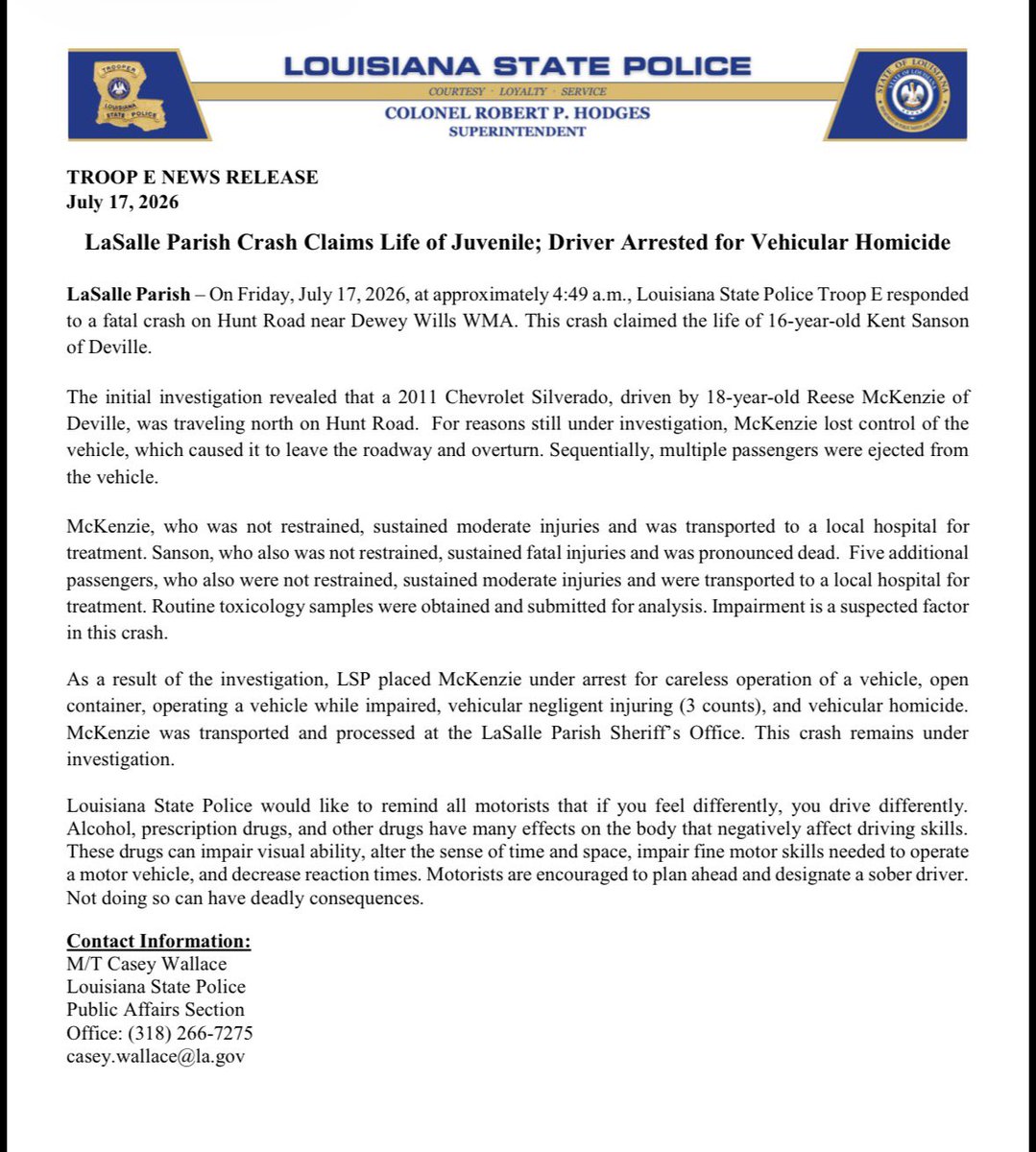 LAStatePolice's tweet photo. Lasalle Parish Crash Claims Life of Juvenile; Driver Arrested for Vehicular Homicide https://t.co/al5Gc7vbqC