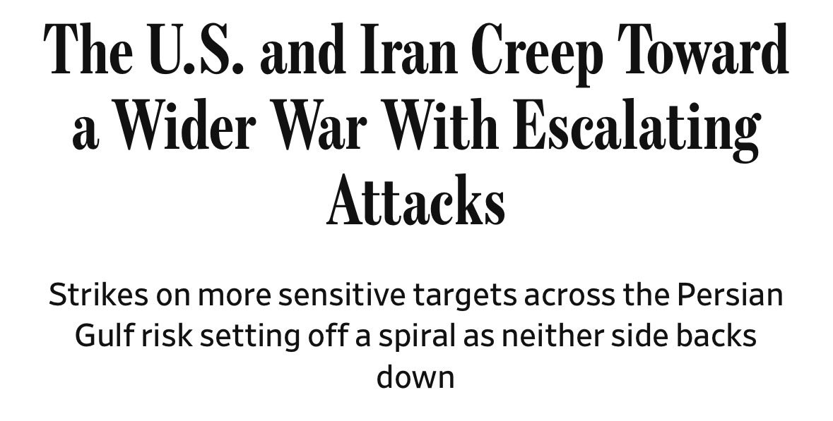 TheMichaelEvery's tweet photo. 2026, day 197

Good morning from Asia.

‘US and Iran target infrastructure as strait shipping comes under further attack’ (Reuters);

‘The U.S. and Iran Creep Toward a Wider War With Escalating Attacks’ (WSJ);

‘U.S. sending dozens of refueling planes to Israel as Iran escalation looms’ (Axios);

‘US attacks Iran, Tehran claims it destroyed Bahrain’s main AI hub’ (Ynet);

‘Iran strikes eastern Syria, in first such attack during current war’ (Reuters);

‘Conflict in the Gulf Has Become Much More Deadly for Commercial Sailors’ (WSJ);

‘Pakistan and Kuwait discuss expanded defence pact, sources say’ (Reuters);

‘Germany proposes EU force to replace UN mission in Lebanon’ (Reuters);

‘Ukraine says it struck Russian oil refinery, two tankers’ (Reuters);

‘Ukraine ‘cuts off’ Crimea from Russia, plunging it into an energy crisis’ (AJ);

‘The Rise and Fall of Ukraine’s Drone Warfare Mastermind’ (NYT) - “The popularity of drones, and the defense minister who heavily promoted them, helped lead to a clash in which President Volodymyr Zelensky sided with the military brass”;

‘Berlin, Paris agree on 'unprecedented' defence cooperation’ (Euractiv);

‘German defence minister signals end of joint Franco-German battle tank’ (Euractiv);

‘India's army cost cuts leave 'fire braveheart' recruits in limbo’ (Nikkei Asia):

‘Japan and Vietnam to Jointly Develop Fast Landing Craft’ (Naval News);

‘Canada to buy nearly $2 billion in armoured vehicles from new
'strategic partner, U.S. defence contractor’ (Globe and Mail);

‘U.S. partially restores Hong Kong status revoked by Trump, drawing praise from China’ (Reuters);

‘Xi dabbles in 'AI diplomacy' at Shanghai forum with Thai, Cambodian PMs’ (Nikkei Asia);

In geoeconomics, ‘How long can oil markets absorb the Hormuz shock?’ (FT) - “Improvements in oil intensity have cushioned the global economy so far — but could prompt reckless political choices”;

‘US hails agreement between Baghdad and Damascus to restore Iraq-Syria oil pipeline’ (AFP);

‘Western oil companies see ‘fantastic’ future in Iraq, sign agreements’ (Reuters);

‘ConocoPhillips takes 42 pct stake in BP Iraq venture’ (AFP);

‘EU loosens carbon market rules to let industry pollute for longer’ (Politico);

‘Trump blames Canada for wildfire smoke, says he will add cost to tariffs’ (Reuters);

‘All the trade promises the EU and the US never meant to keep’ (Politico);

‘‘Made in EU’: How Europe plans to use China’s tech to pull level with its EV rival by 2028’ (SCMP);

‘Spain welcomes Chinese automakers — and their workers’ (BBG);

‘Asia's Gen Z political rise and the lack of good jobs’ (Nikkei Asia) - “India, Indonesia deepen ties as both countries struggle to boost manufacturing”;

‘The past 10 weeks exposed a nation going nowhere. Where’s the outrage?’ (AFR);

‘Why Trump Is Going After Brazil’s Beloved Payment System’ (WSJ);

In politics, ‘Trump Media pitched $100,000 monthly fee for fast feed of president’s posts’ (FT);

‘Mullin threatens states as DHS launches widespread review of elections’ (The Hill);

‘Andy Burnham promises to end Labour infighting as he becomes party’s leader’ (Guardian);

‘Welcome to Burnham’s world: a farrago of nonsense, revisionism and economic illiteracy’ (Telegraph) - “Even given the low bar set by recent prime ministers, it was a shockingly poor speech from Labour’s new leader”;

‘Poll: 23% of Israelis considering leaving the country, or have a relative who is, if Netanyahu reelected as PM’ (ToI);

In markets, ‘Brussels proposes cuts to EU bank capital requirements’ (Euractiv);

‘Oil Prices Rise to Highest Level in a Month as Shipping in the Persian Gulf Nears a Halt’ (NYT)

‘Pentagon Dangles $400,000 Salaries to Recruit Wall Street Bankers’ (WSJ) - “Plan to lend more than $200 billion to shore up defense manufacturing fuels a hiring spree”