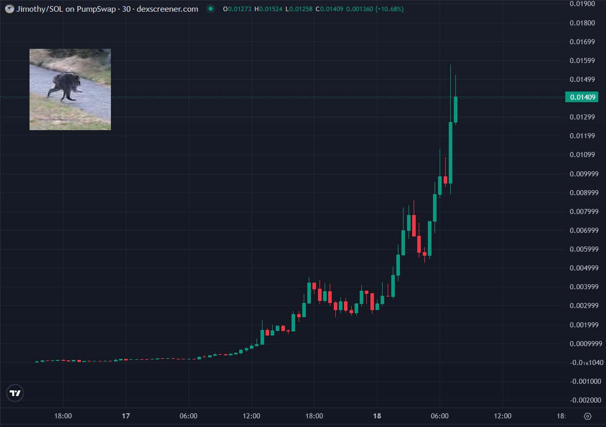 deg_ape's tweet photo. just don't forget who gave you $Jimothy at sub 1M  

1.5M --> 16M  🔥

10X up since my first post. 

Its a global trend now. Jimothy is the headlines on major mainstream media channels, has gather over 200M+ views, 10,000+ holders within two days of launch 

$Jimothy might skip fast, but don't you dare to do same with me

higher plz for this rare runnerrr  🦝