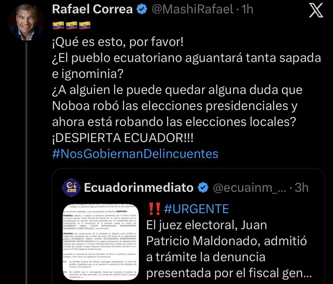 TheVerdugoEc's tweet photo. Antes de hablar de “dictadura”, conviene recordar que durante el correísmo también se tomaron decisiones que dejaron fuera de la política a legisladores, partidos y movimientos.

En 2007 fueron destituidos 57 diputados y luego se disolvió el Congreso. Entre 2012 y 2014, varias organizaciones enfrentaron problemas de reinscripción o perdieron su personería jurídica, como el PRE, el PRIAN, el MPD y Ruptura.