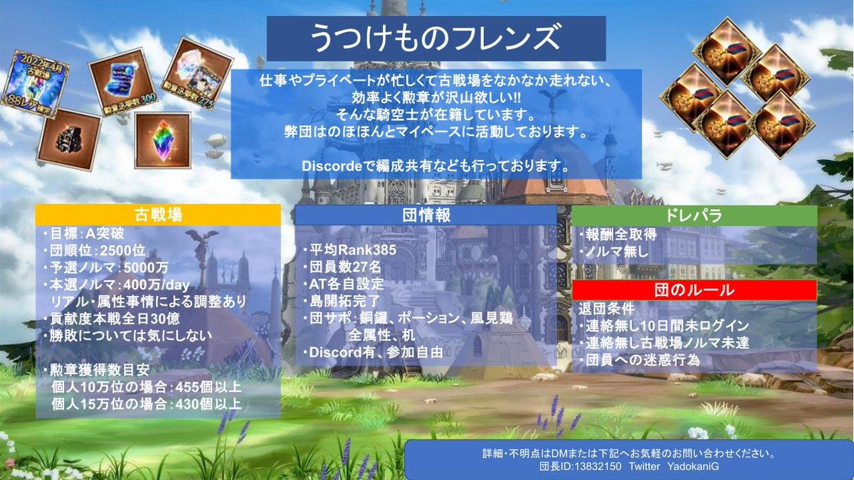 YadokaniG's tweet photo. 次回古戦場へ向けて、団員2名募集しています。  A突破・エンジョイ団です。ノルマ予選終了時5000万!! のんびり飛行中ですので、騎空団お探し中の方は検討をよろしくお願いします。不明点などはリプ・DMでお気軽に。  #団員募集 #グラブル団員募集 #グラブル https://t.co/YzL6CWVveI