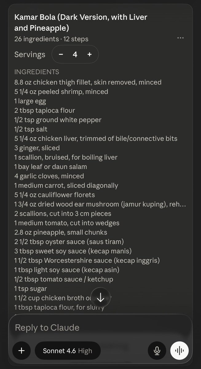 exalucidator's tweet photo. @rzrizaldy Sudah 2 bulan masak dengan bantuan Claude jg pak. Even menu2 random jg dia nemu2 aja 🤣 https://t.co/JFz0SQI9zk
