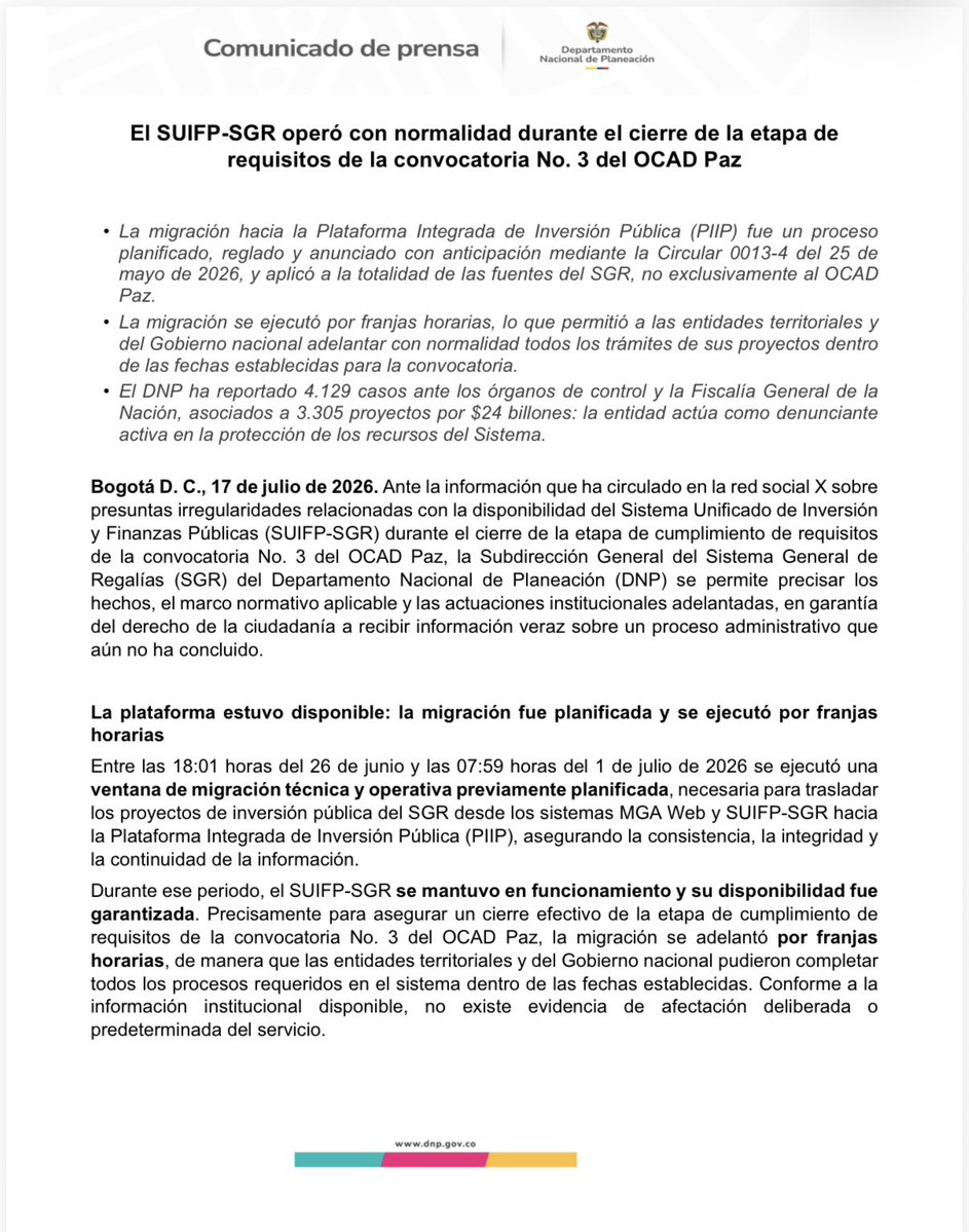 Regalias_gov's tweet photo. #Comunicado 🗞️| El @DNP_Colombia y @Regalias_gov informan que no existe evidencia de irregularidades en el SUIFP–SGR durante el cierre de la convocatoria No. 3 del #OCADPaz. La información que circula en redes es imprecisa sobre un proceso que aún no ha concluido.
Entre el 26 de junio (6:01 p.m.) y el 1 de julio (7:59 a.m.) hubo una ventana de migración técnica planificada hacia la nueva Plataforma Integrada de Inversión Pública (#PIIP). El sistema se mantuvo disponible y funcionando; aplicó a todas las fuentes del #SGR, no solo al OCAD Paz.
El @DNP_Colombia ha reportado 4.129 casos ante los órganos de control y la Fiscalía por presuntas irregularidades en el SGR ($24 billones en 3.305 proyectos). En un proceso de transparencia total.