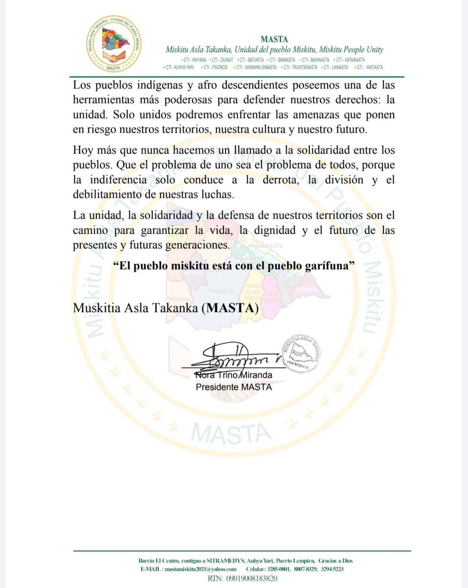 criteriohn's tweet photo. ‼️📌#ATENCION~ La organización MASTA (Muskitia Asla Takanka) expresó su solidaridad con el pueblo garífuna y respaldó su lucha por la defensa de sus derechos colectivos, territorios ancestrales y libre determinación. Además, exigió al Estado de Honduras garantizar la protección de la vida e integridad de los líderes garífunas, cumplir con sus obligaciones en materia de derechos humanos y rechazó cualquier intervención de intereses externos que vulnere los derechos y territorios de los pueblos indígenas y afrodescendientes.