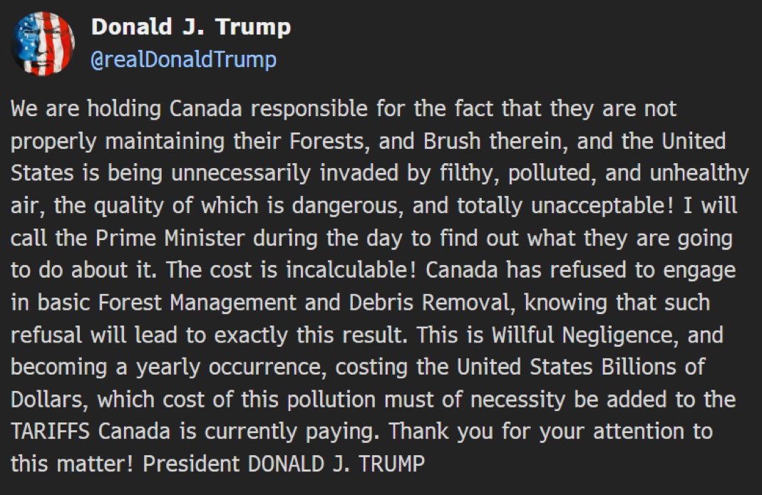 adgirlMM's tweet photo. So the guy who gutted the U.S. Forest Service, fired 1000 park rangers and National Park staff, removed or weakened environmental protections on natural lands, repealed the Endangerment Finding which helps regulate greenhouse gases and limit vehicle emissions...

has something to say about the smoke from Canada's wildfires? 
F*ck that.