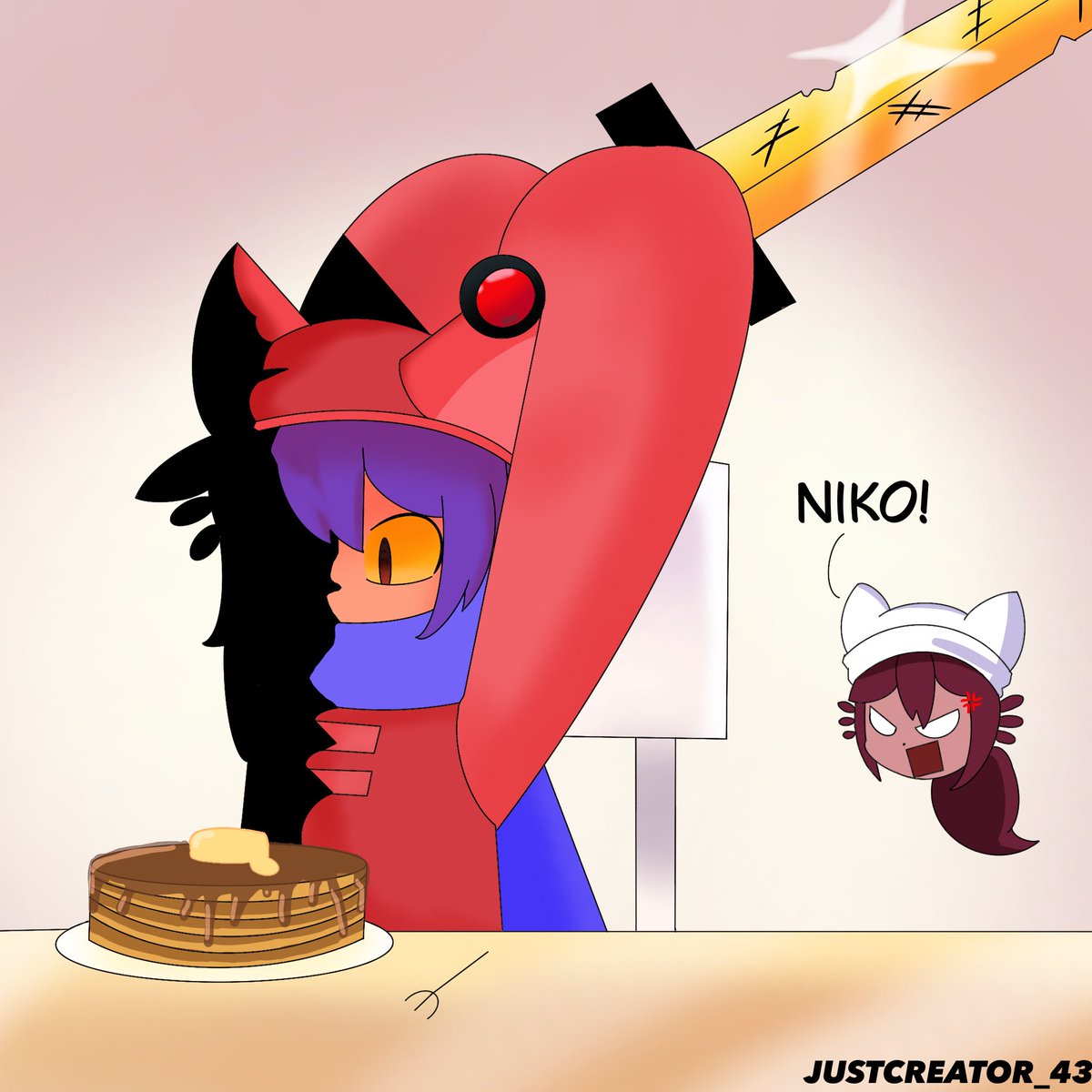 Justcreator_43's tweet photo. There weren’t any knifes to cut the pancakes, so Niko had to compromise. #oneshotgame https://t.co/yz7Et8cPaa
