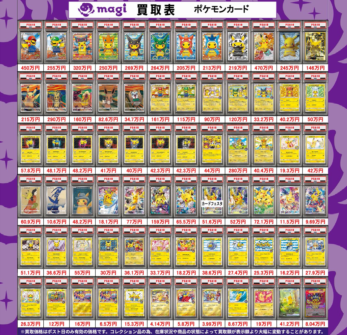 Magi_Omiya's tweet photo. ⚡ポケカ PSA10買取表⚡

🔥エポスカードのご提示で買取金額５％UP🔥
https://t.co/wlcdta1vaP

※ケース破損など一部買取不可
※買取価格はポスト日のみの有効の価格です

#大宮　#magi大宮　#ポケカ https://t.co/58LpPUBbFR