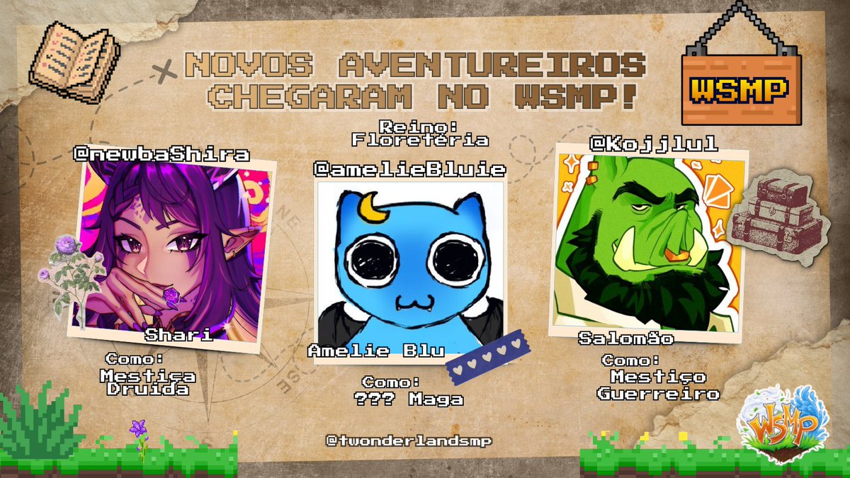 TWonderlandSMP's tweet photo. MAIS AVENTUREIROS CHEGANDO! SEJAM BEM-VINDOS!

@newbaShira interpretando Shari
@amelieBluie interpretando Amelie Blu
@Kojjlul interpretando Salomão

Esperamos que curtam essa nova jornada!💚#WSMP https://t.co/bCsbsJ4uvm