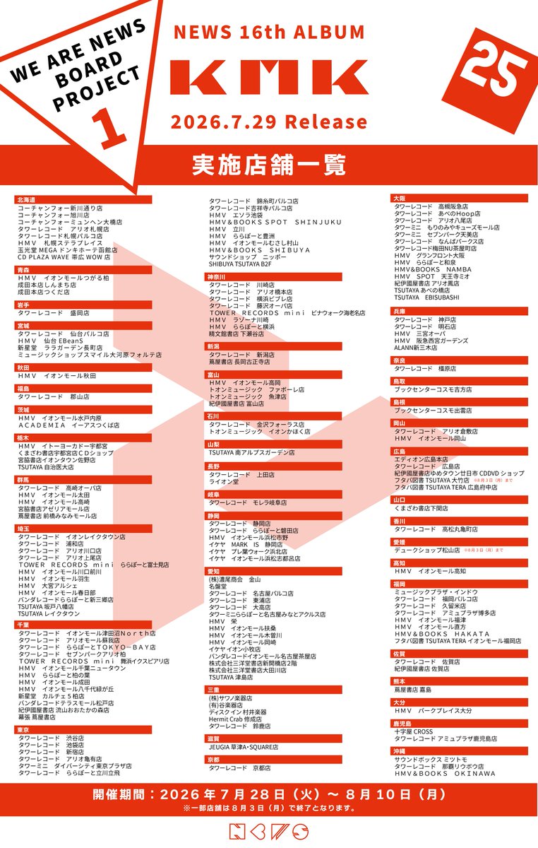 NEWS0915_music's tweet photo. ◢◤ WE ARE NEWS BOARD ◢◤ 

全国168店舗にて開催決定!!!

「WE ARE NEWSメッセージステッカー」に、
【NEWSへのメッセージや、25周年へ向けた想い】を書いて対象店舗の専用シートへ貼り付けよう✍️

さらに、対象店舗でアルバム「KMK」をご購入された方に限定特典『#NEWSと旅する ポストカード』をプレゼント💌

▼詳細はこちら
https://t.co/XNTv5m2P8t

#NEWS_KMK