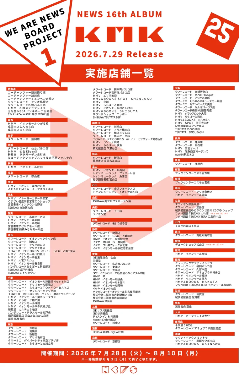 NEWS 16thアルバム「KMK」7月29日発売 25周年三部作第一弾