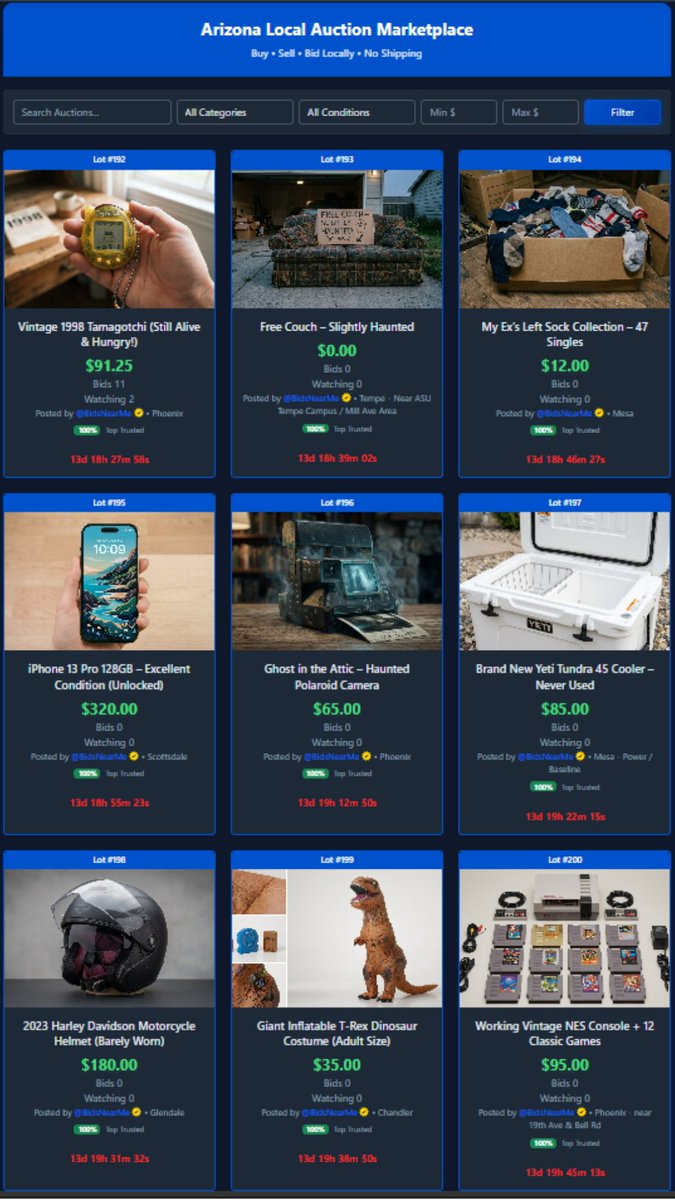 BidsNearMe's tweet photo. Arizona Locals! Feel free to test out and place some bids on a few of our sample auctions. Get a feel for how it works on our new platform Bids Near Me! https://t.co/K310GHaRqo #Phoenix #Arizona https://t.co/ajStterxYm