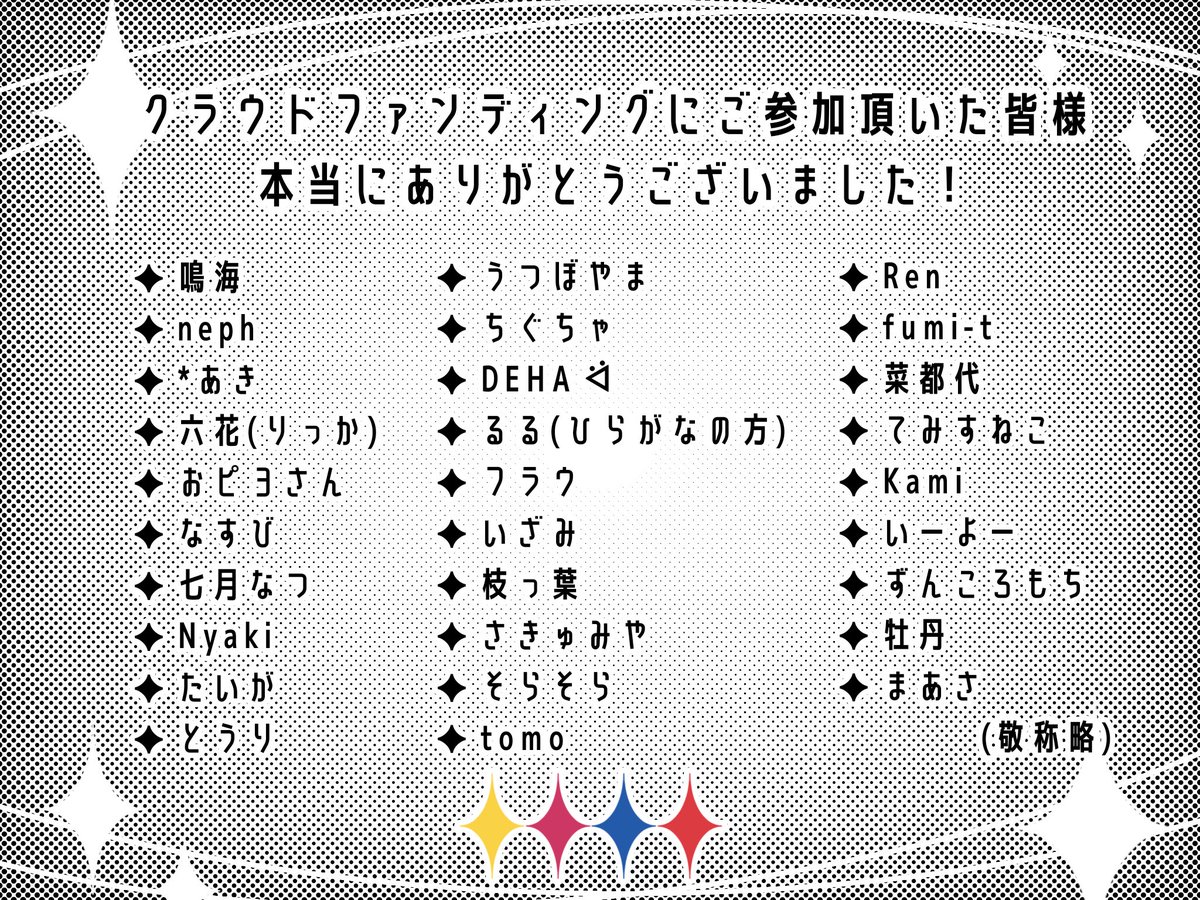 OUENN_hidamari's tweet photo. 掲出終了まで少し早いですが、クラファンへご参加いただいた方(ご希望者のみ)のお名前を掲載いたします✨️

この度は本企画にご参加いただき誠にありがとうございました🙇‍♀️

2口以上ご参加の方には順次リワードの壁紙をお送りしております🎁
⚠️ダウンロード期間は1週間です。

⚠️広告掲出は明日まで‼️ https://t.co/GtZPXhMZ3W
