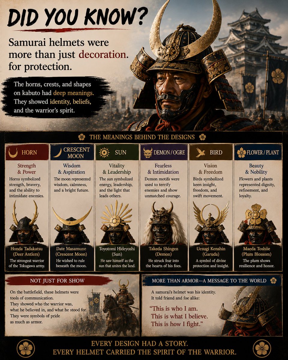 SamuraiFortune's tweet photo. Did you know?

Samurai helmets were more than just protection.

Horns, crescent moons, and other decorations weren't only for appearance—they often represented the warrior's identity, beliefs, or authority.

A helmet could send a message before the battle even began.

#Samurai https://t.co/T5uuhsk2Ui