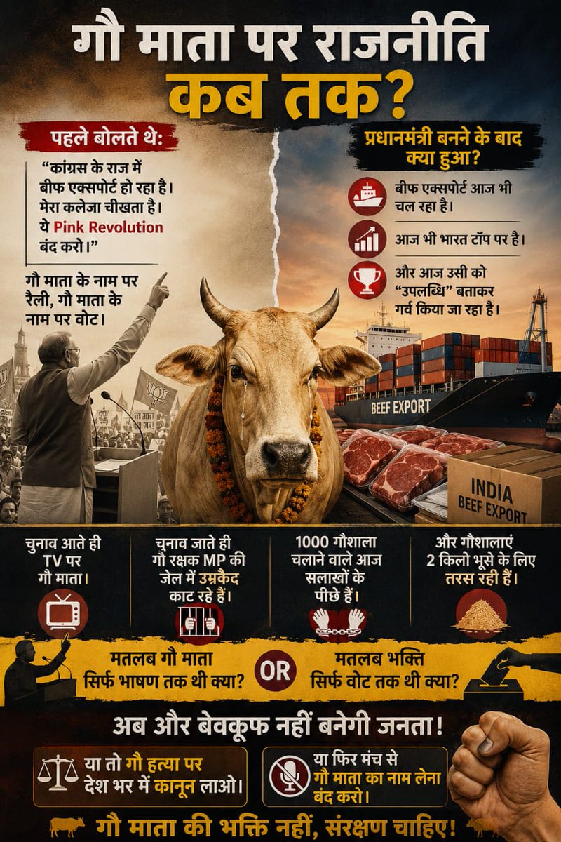 AshokKu84400017's tweet photo. चुनाव के समय गाय को माता कहा जाता है लेकिन चुनाव के बाद बीफ बोला जाता है।आखिर गौ माता सिर्फ  वोट लेने का माध्यम है, या वास्तव में संरक्षण की भी कोई नीति है? जनता अब भाषण नहीं जवाब चाहती है।#PromisesVsReality https://t.co/BpfepFYlVu