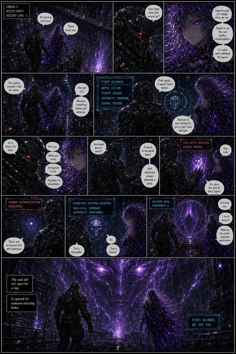 _3L3M3NTAL_'s tweet photo. The seal didn’t open for a key.
It opened for someone returning home.
Omega-7 recognizes GreatSkulltion as Commander G.
He doesn’t remember the station.
But the First Silence remembers him.
VOIDHEART: OMEGA-7 — Page 7
#Voidheart #Omega7 #GreatSkulltion #NyxaraVoidheart #SciFiComic #DarkSciFi #ComicArt #WebComic